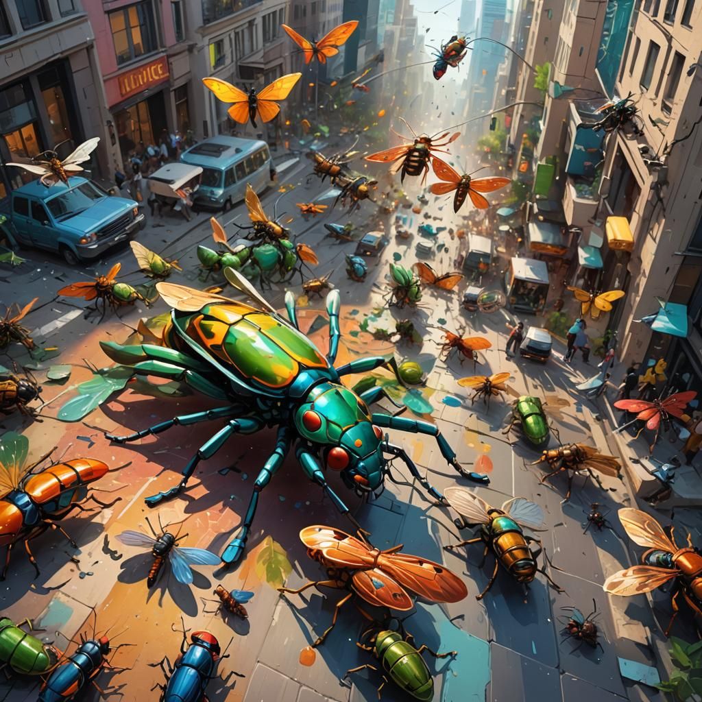 Giant Insects Attack City: Hyperrealistic Splash Art