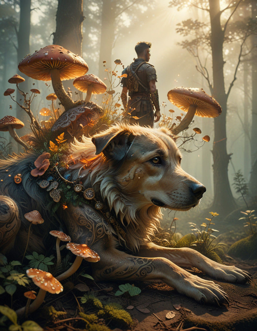 Man-Dog Hybrid Basks in Mystical Forest Glade