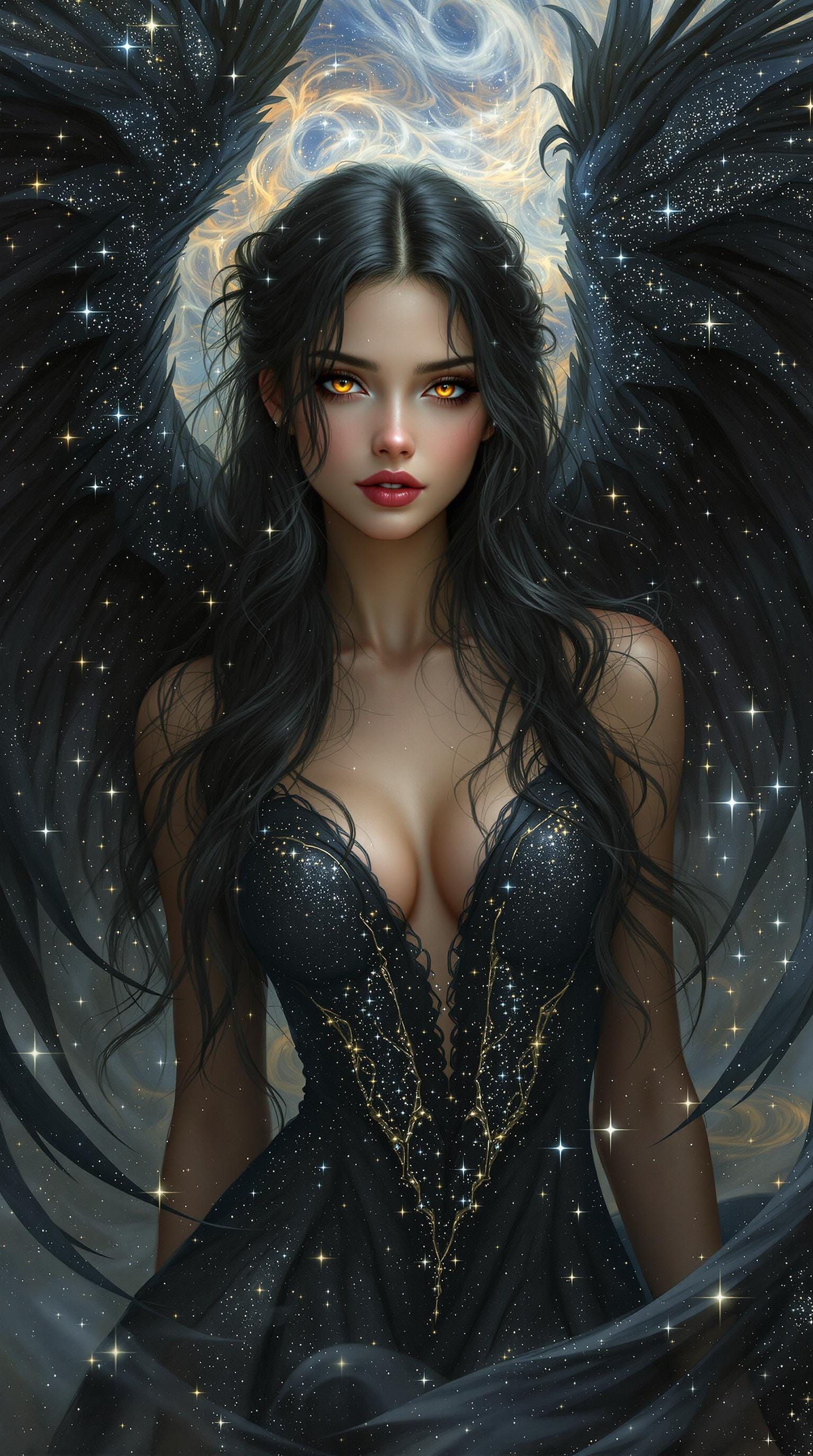 Ethereal Angel with Star Dress and Black Wings