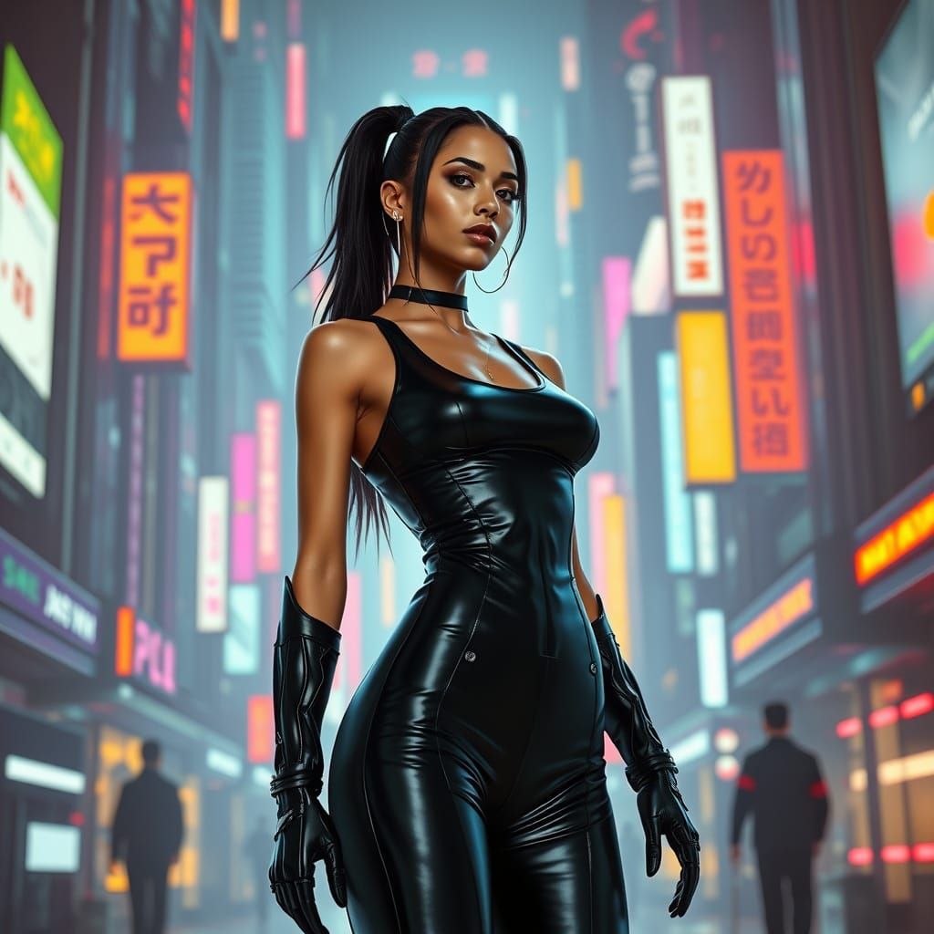 Futuristic Woman in Neon Cityscape in Cyberpunk Style