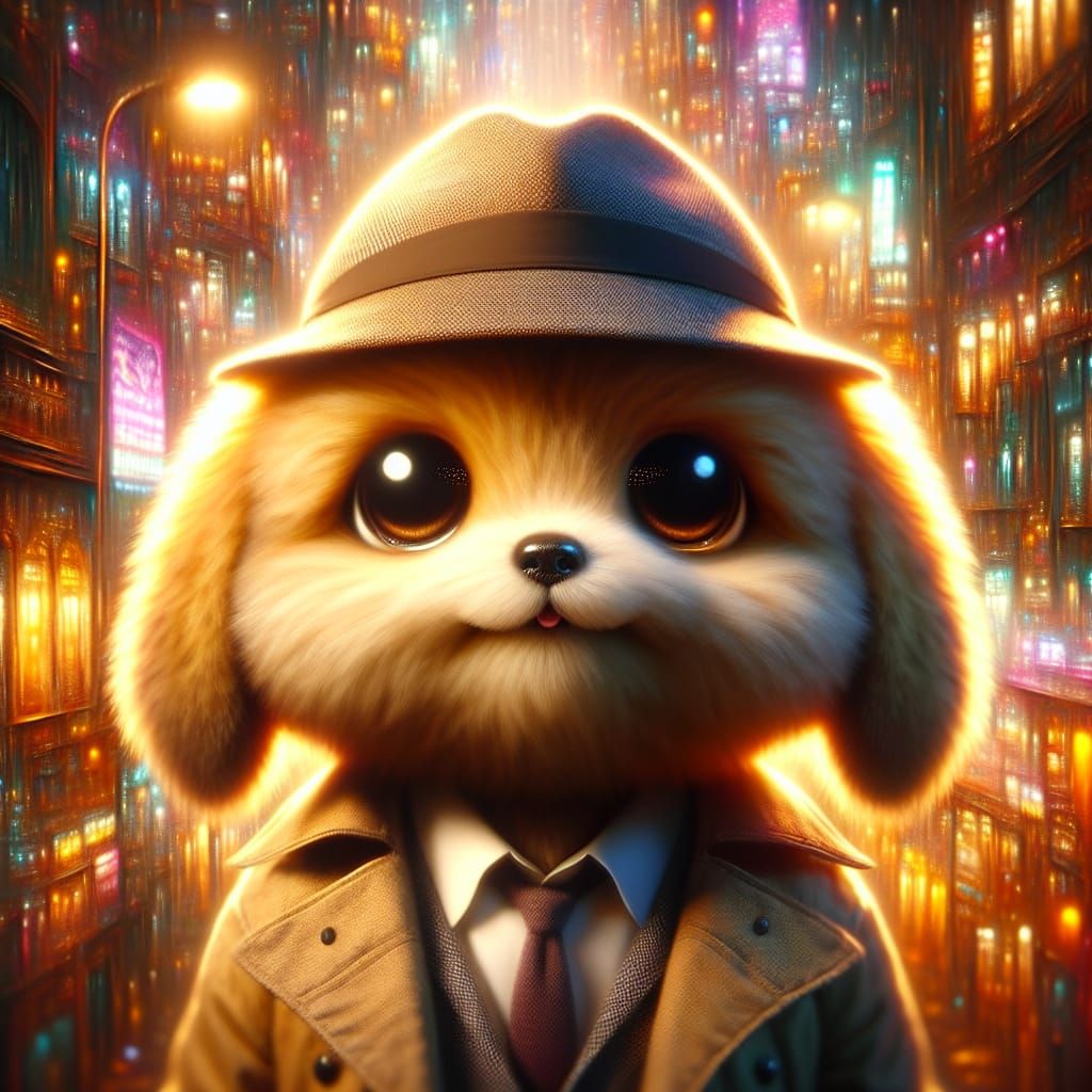 Cute Detective Character in Bioluminescent City