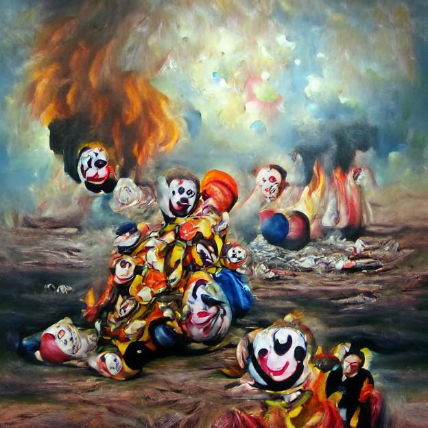 Burning Pile of Clowns: Oil on Canvas