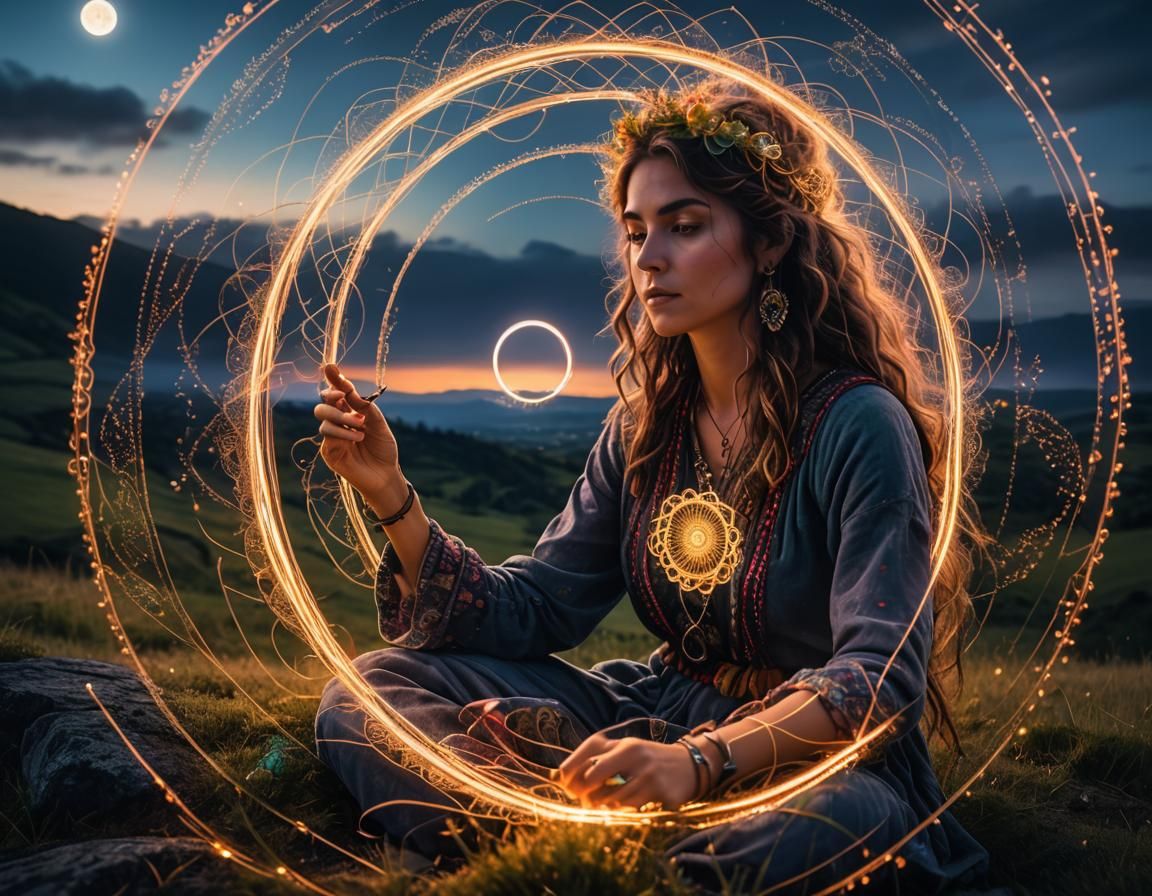 Hippy Girl Creates Light Spirograph During Eclipse