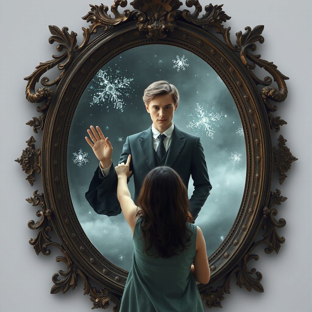 Woman Reaching Into a Mirror to Touch a Man