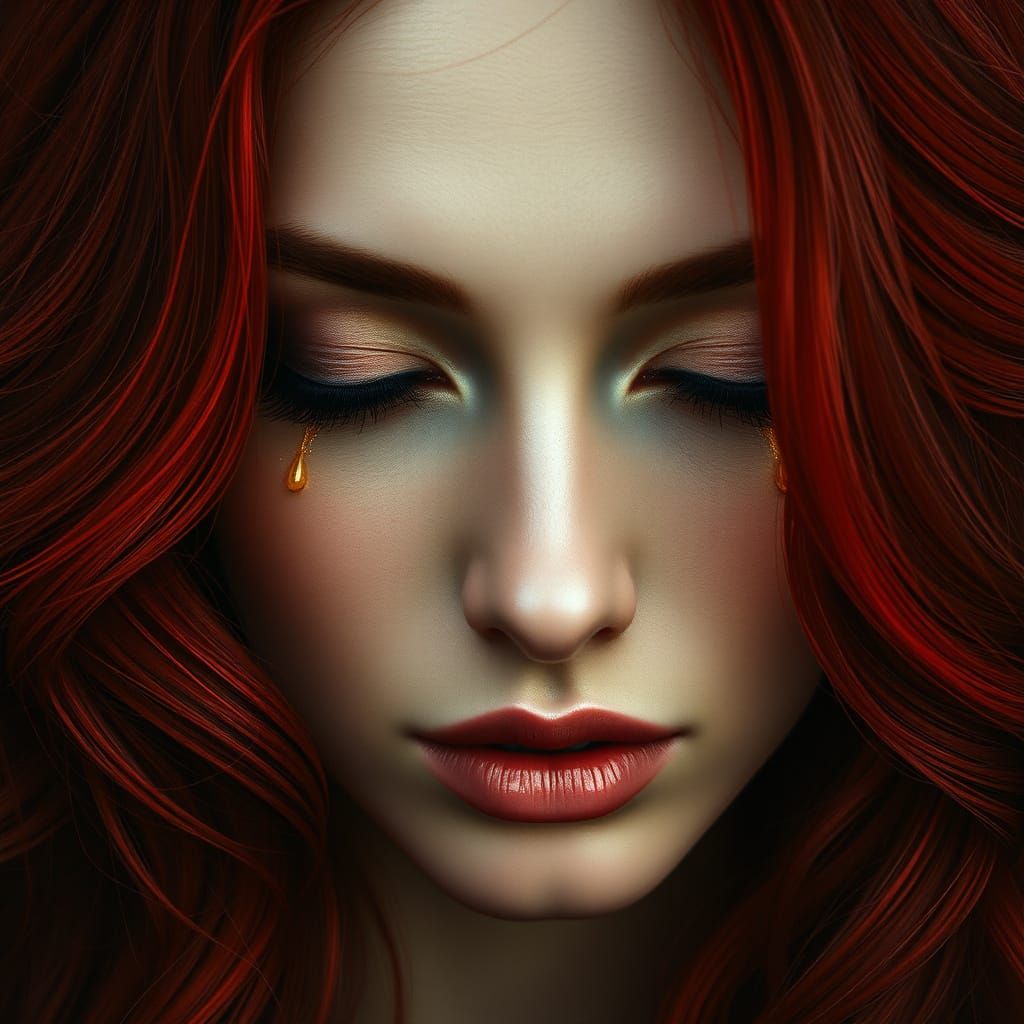 Elegant Woman with Luxuriant Red Locks and Gold Accents