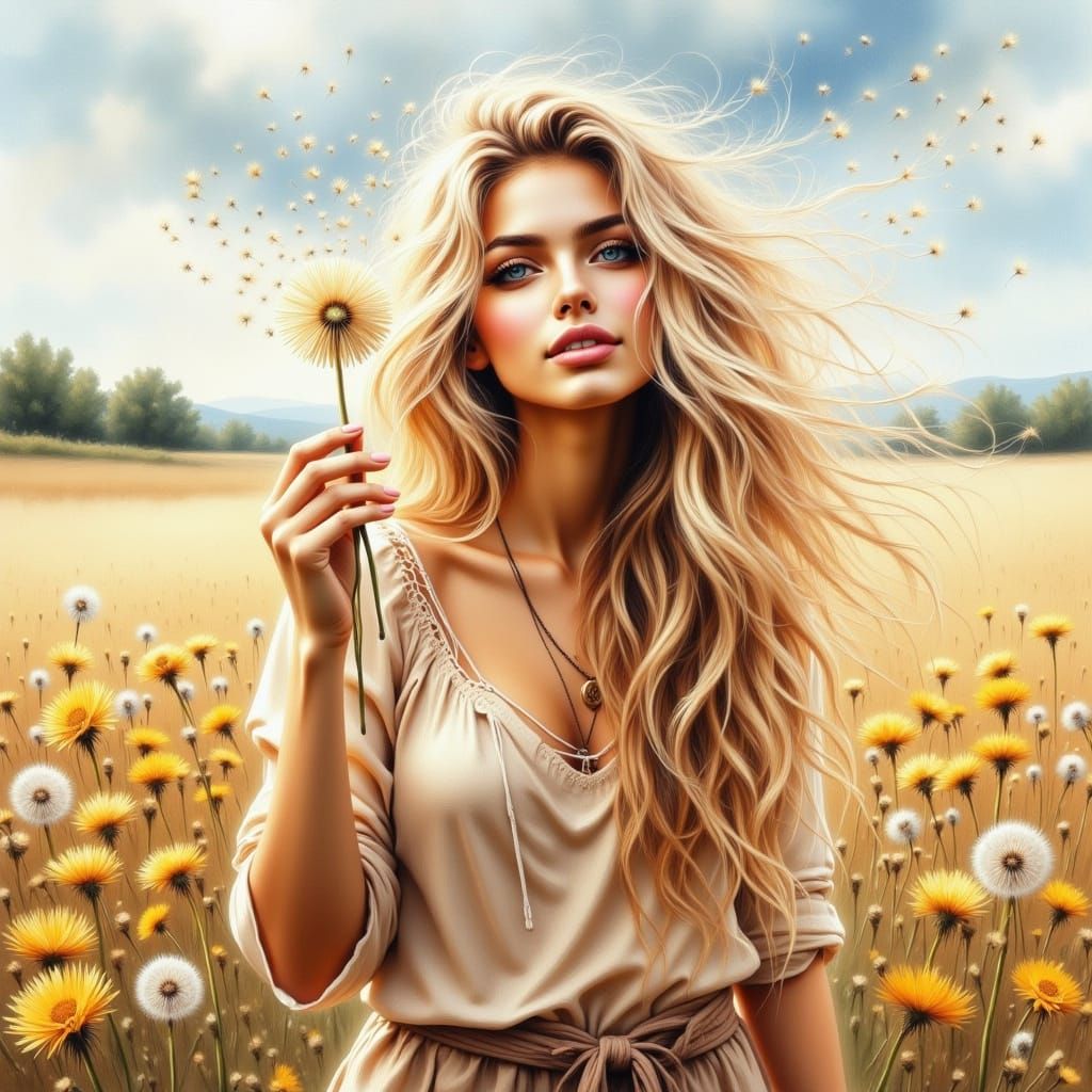 Blonde with Dandelion in Hyperreal Watercolor Style