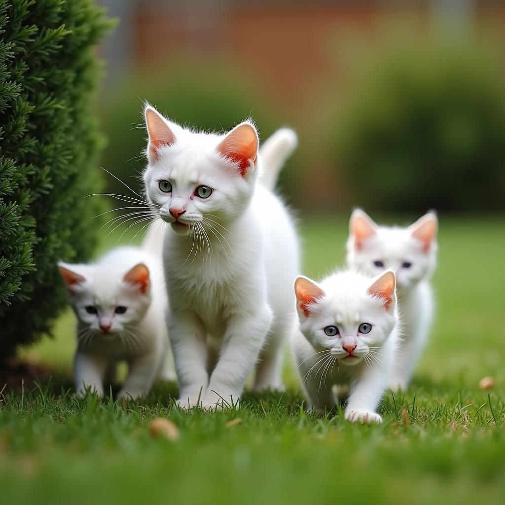 White Cat Family Moving Kittens in a Sunny Yard
