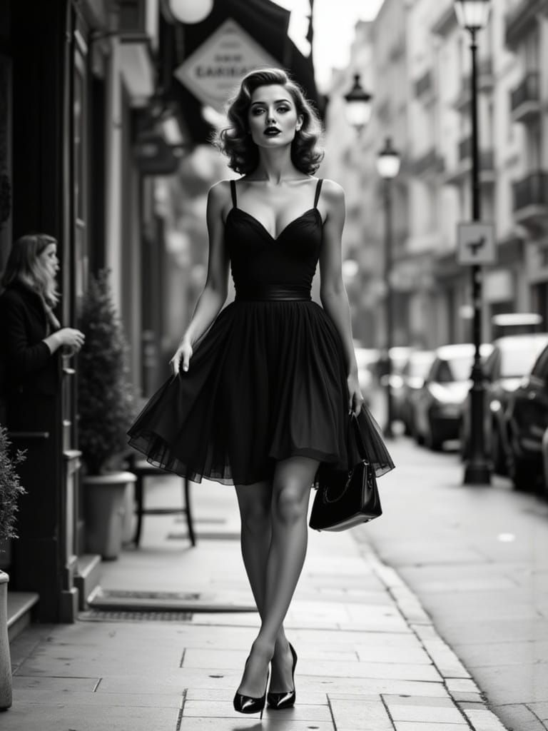 1950s Pin-Up Woman in Crimson Lipstick and Pleated Skirt