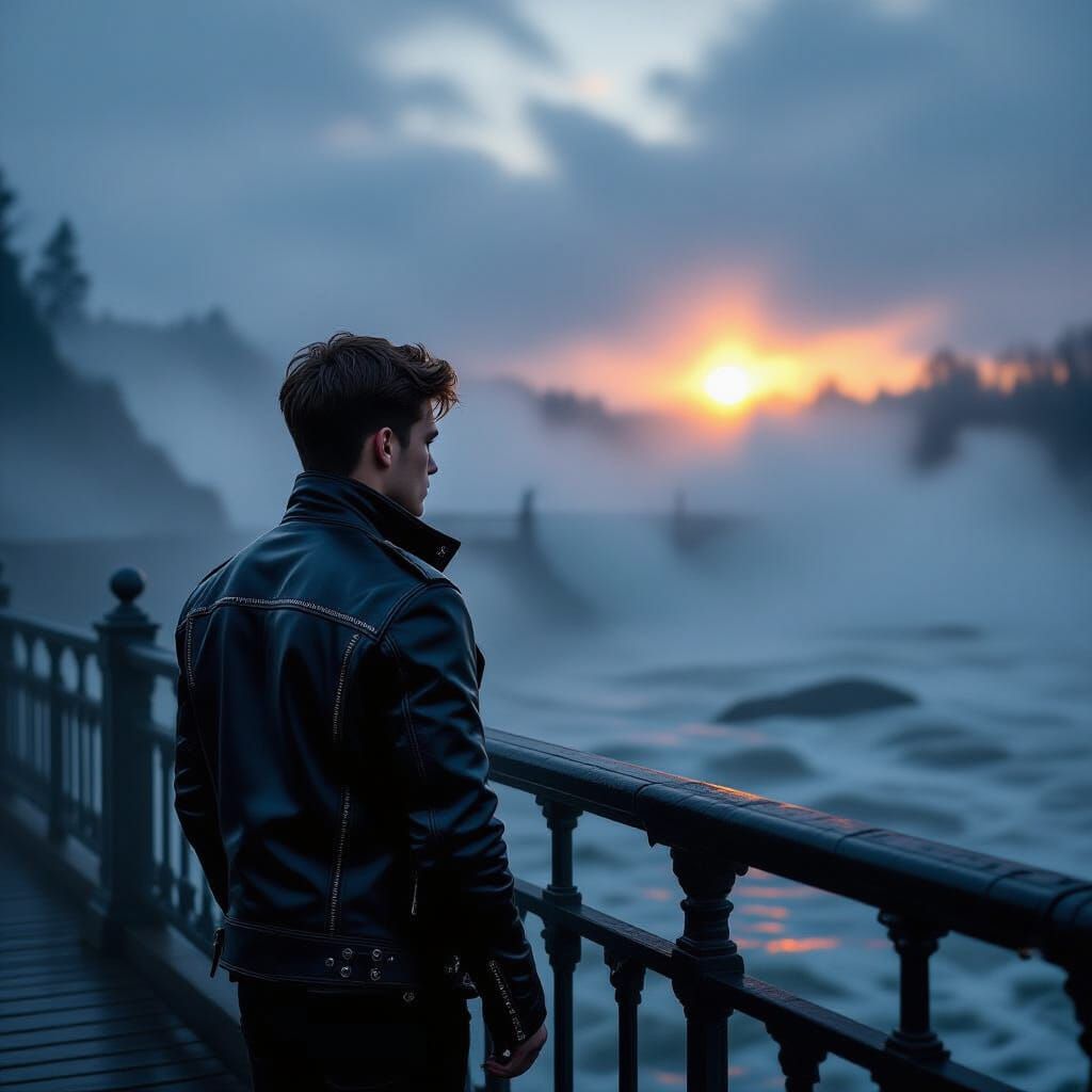 Man on Foggy Bridge in Photorealistic Style