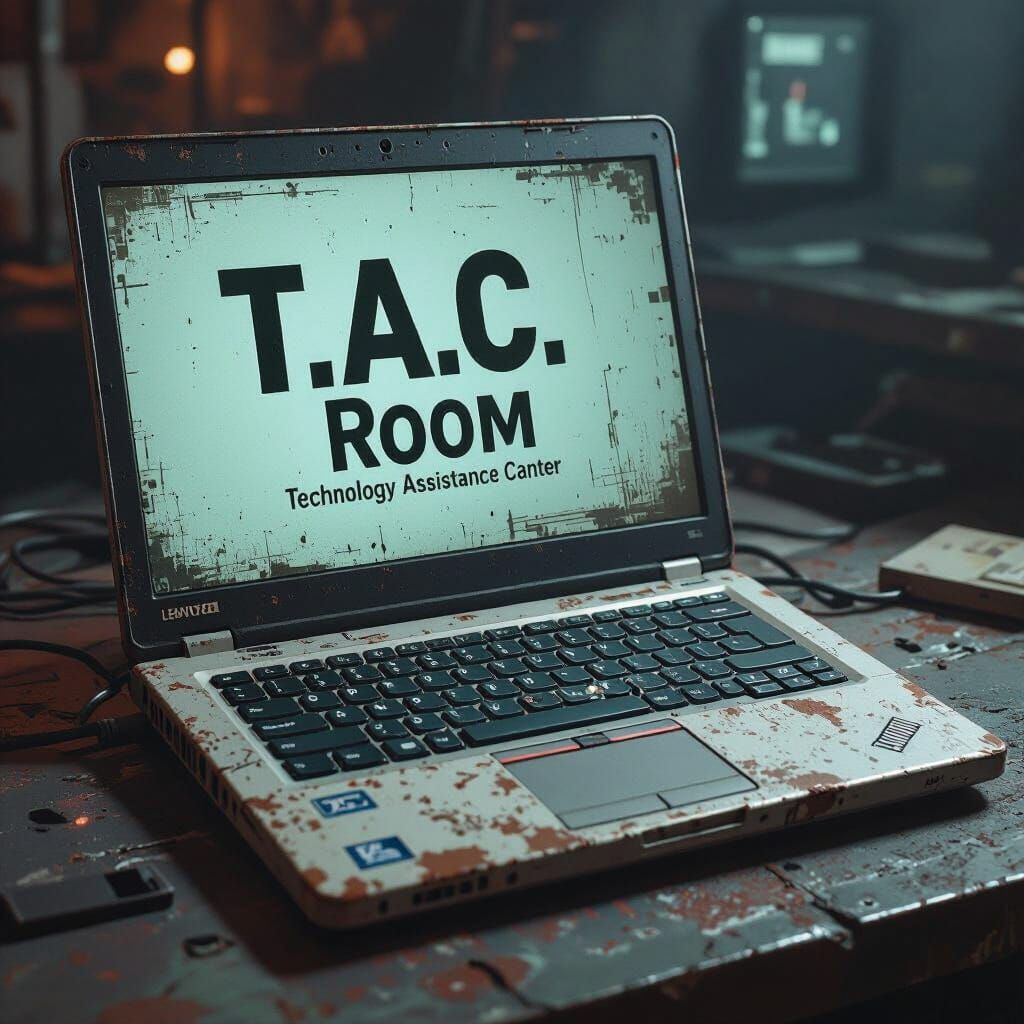 Worn Thinkpad Displaying T.A.C. Room in Gritty Style