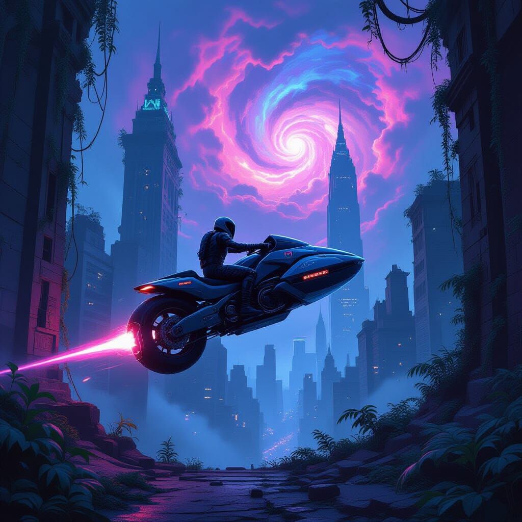 Futuristic Speeder Bike Over Bioluminescent Jungle Ruins