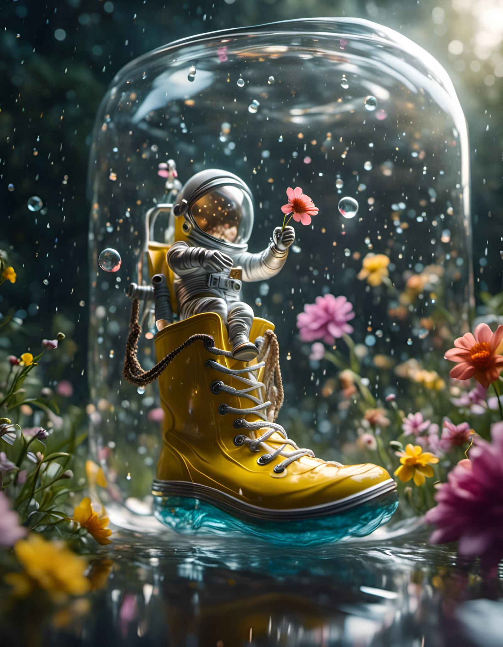 Astronaut Toys Trapped in Glass Rainboot