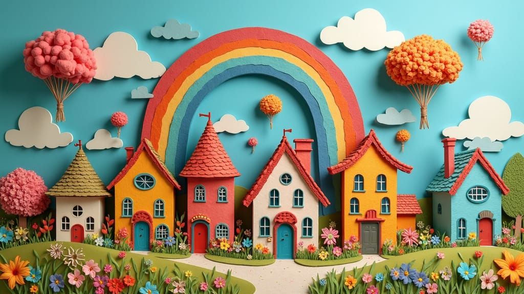 Surreal Origami Birds Fly Over Paper Houses