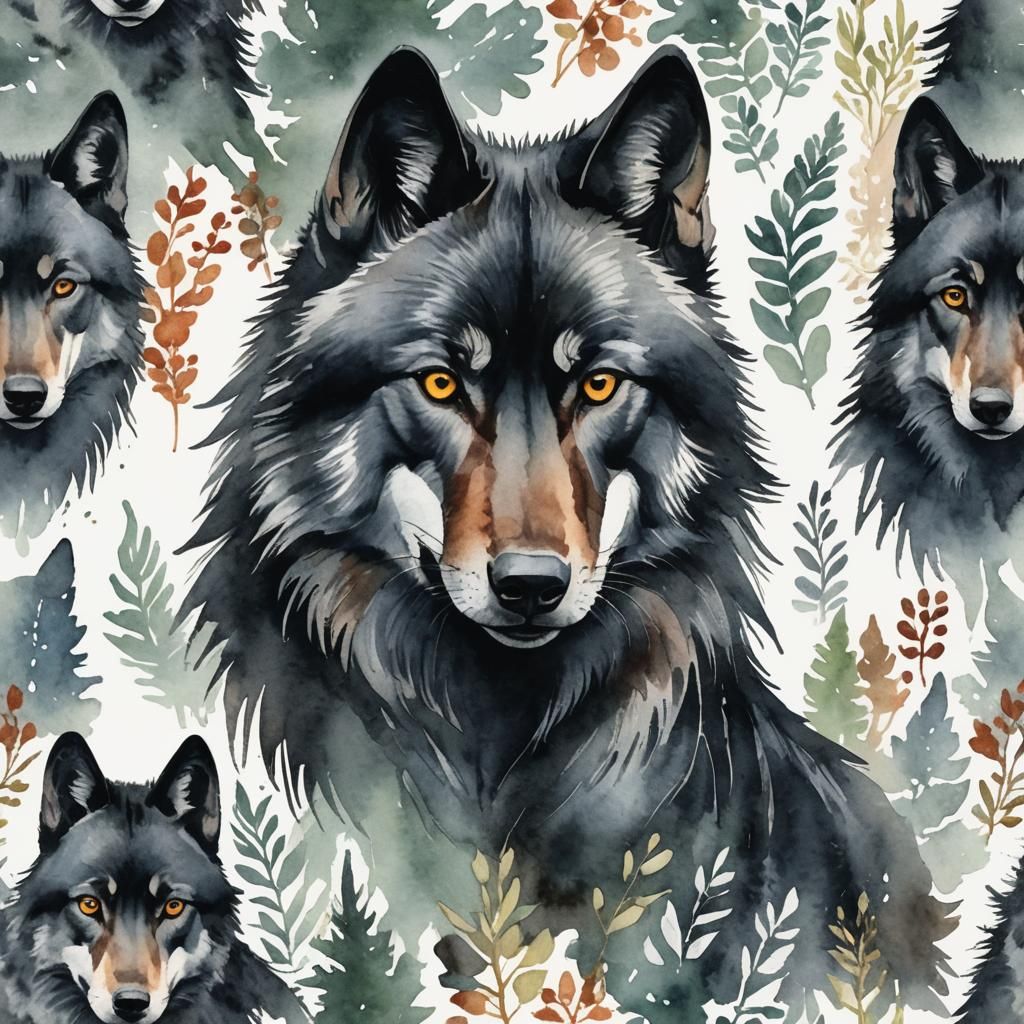 Watercolor Black Wolf Folk Art Painting