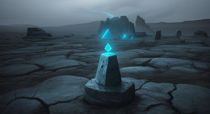 Ethereal Stone with Glowing Runes on Desolate Plain