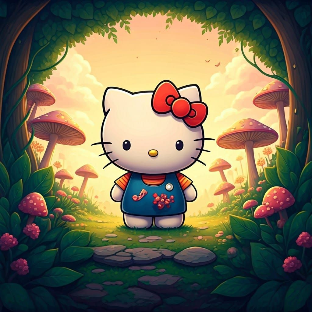 Anime-Style Hello Kitty with Mushrooms