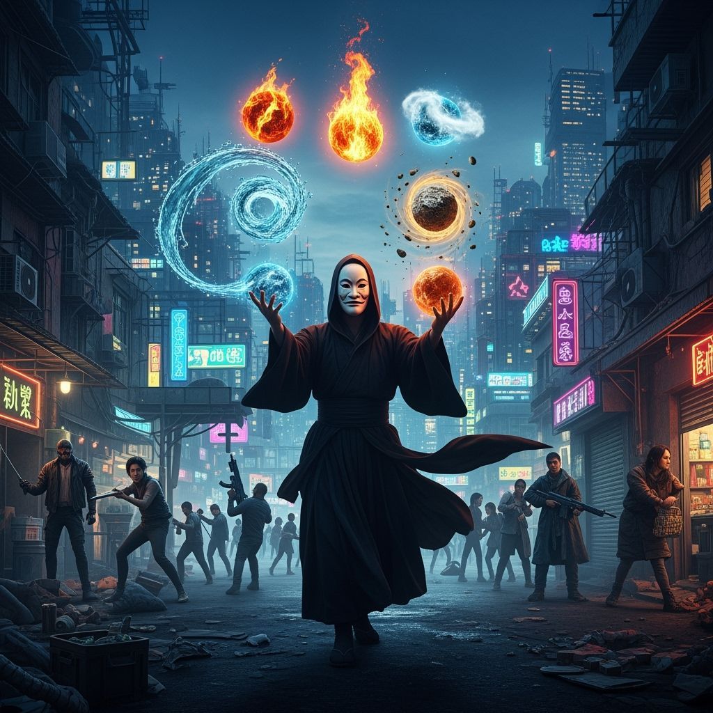 Kabuki Mask Juggler in Dystopian Cityscape