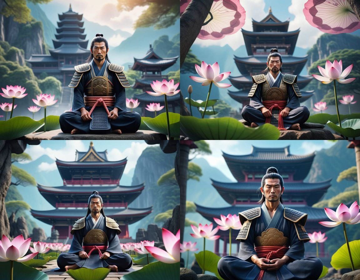 Serene Samurai in Lotus Temple
