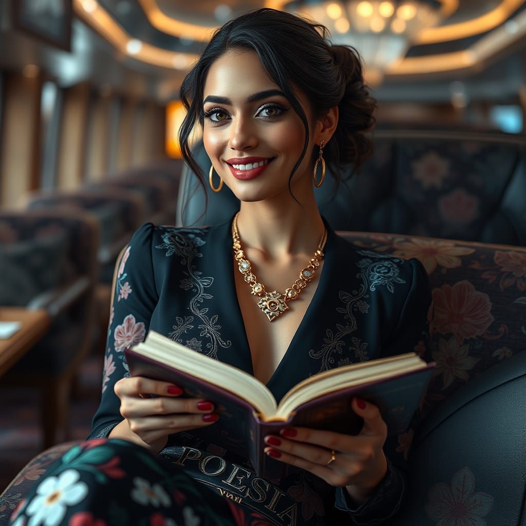 Vestida com um luxuoso vestido luxuoso, exibindo variados co...