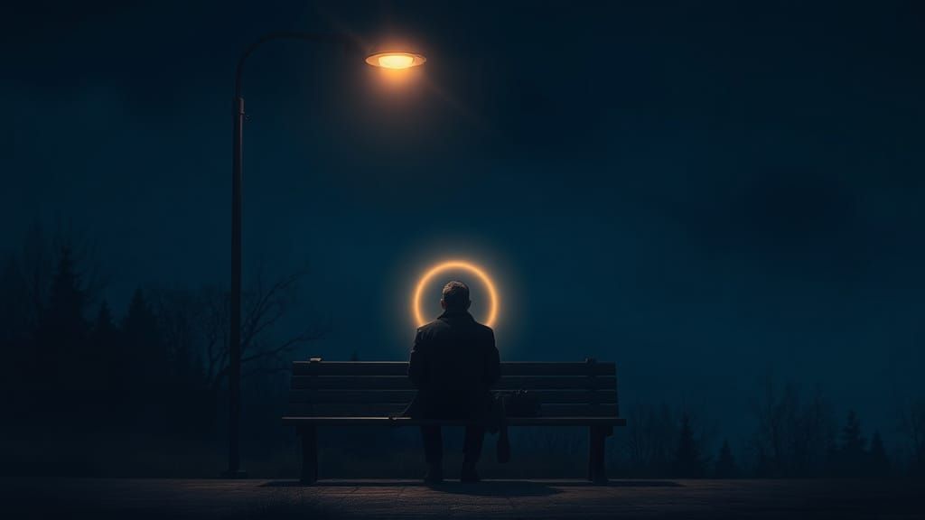 Contemplative Figure Under Streetlamp: Cinematic Night Scene