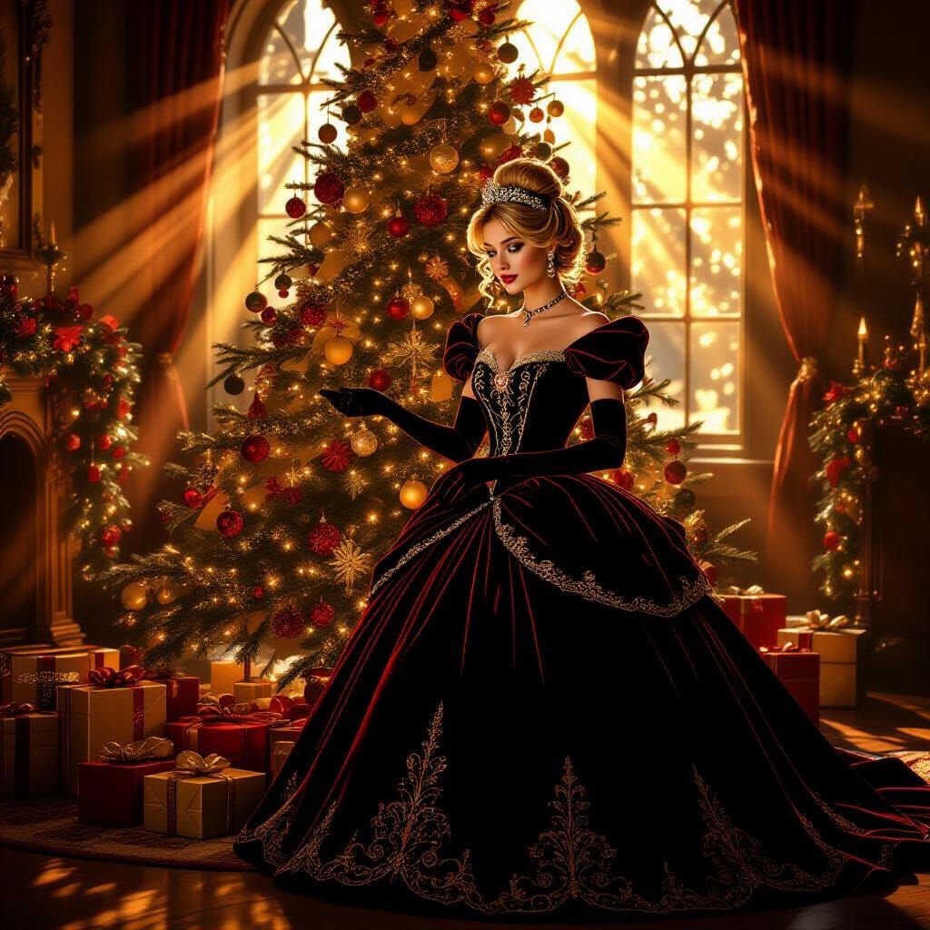 Cinderella Decorates Christmas Tree in Velvet Gown