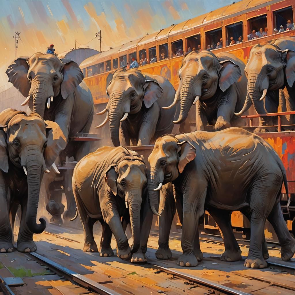 Elephants Transporting Circus Train in Impressionist Style