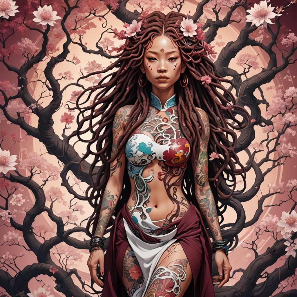 Puerto Rican Model with Dragon Tattoo in Cyberdelic Style