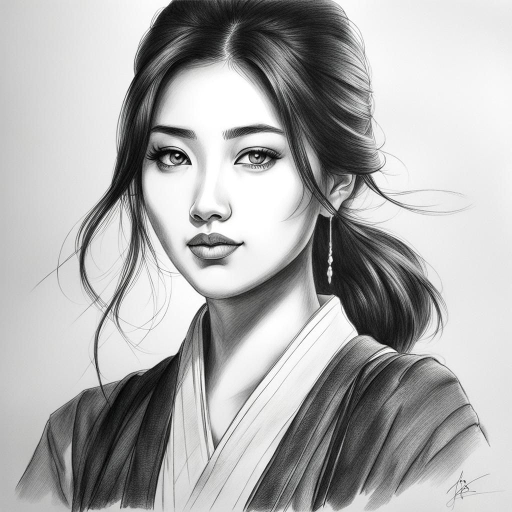 Pencil Sketch Portrait of a Young Japanese Woman