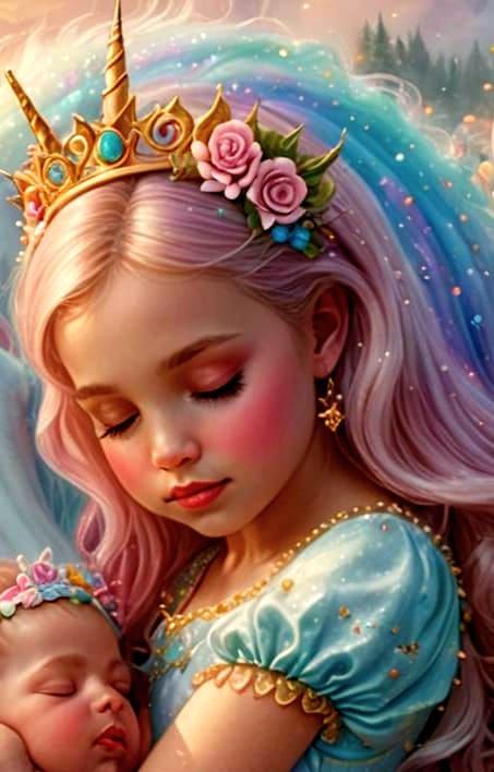 Baby Princess Sleeping with Unicorn in Candy Art Style