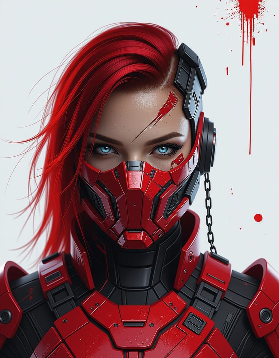 Futuristic Cyber-Warrior in Red Armor, Cyberpunk Portrait