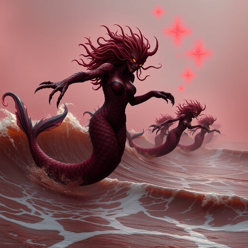 Eldritch Mermaids Leap from Crimson Waves