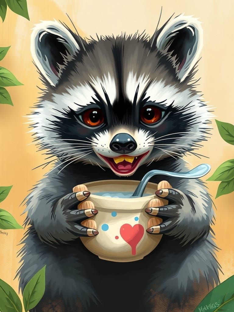 Whimsical Gray Raccoon Enjoying Yogurt in Sunny Woodland