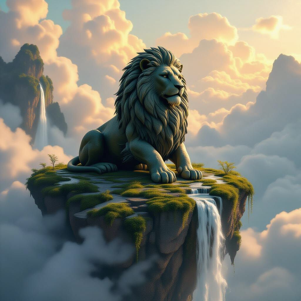 Ancient Stone Lion on Floating Island, Ethereal Golden Hour