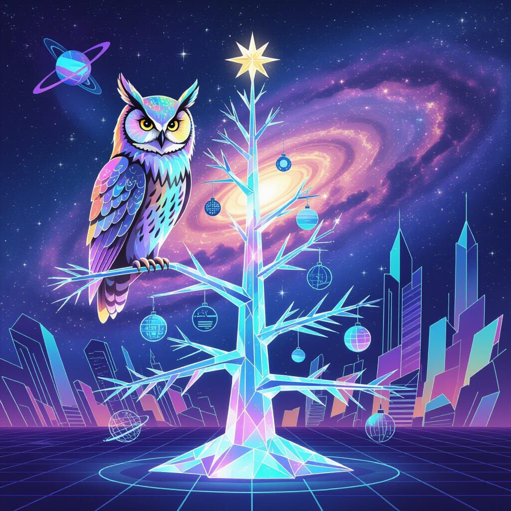 Celestial Owl on Crystal Tree with Retro-Futuristic City
