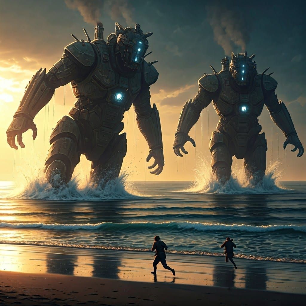 Dieselpunk Mecha Battle at Sunset