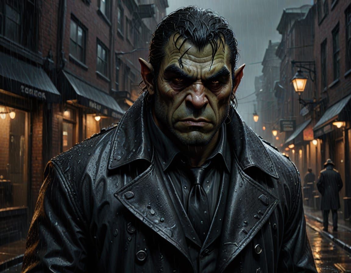 Noir Orc Detective in Rainy Alley