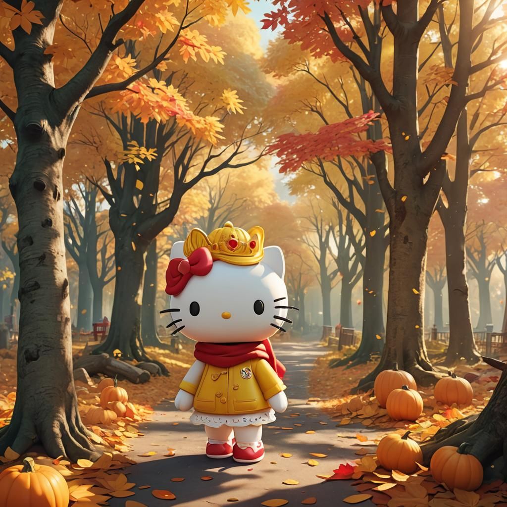 Hello Kitty in Autumn Forest: Kawaii 3D Anime Art