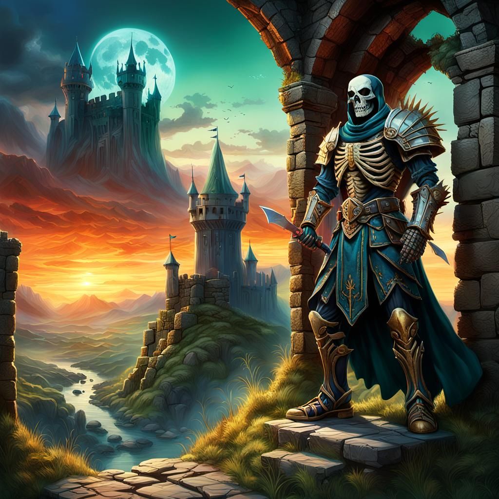 Skeletal Warrior Triumphant in Fantasy Realm