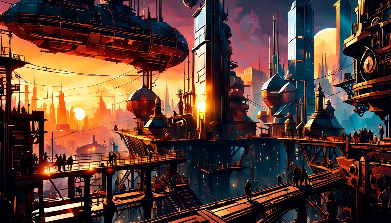 Steampunk City Sunset in Abstract Polygon Design
