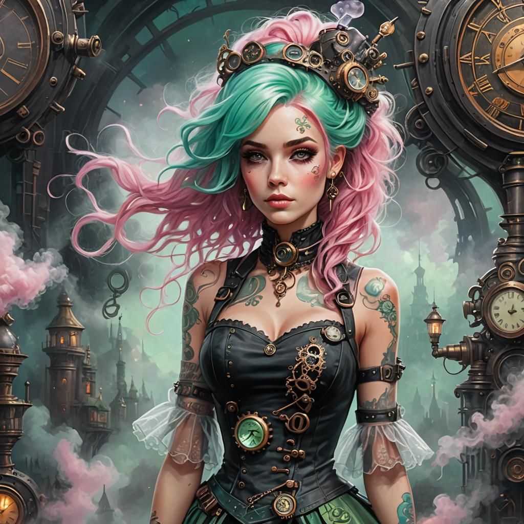 Steampunk Woman with Colorful Hair in Ethereal Style
