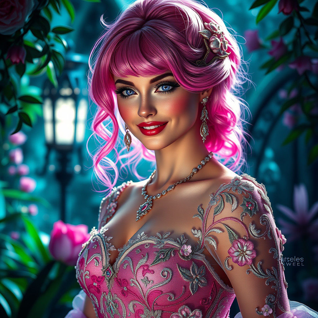 Pink-Haired Woman in Gothic Garden, Art Nouveau Style
