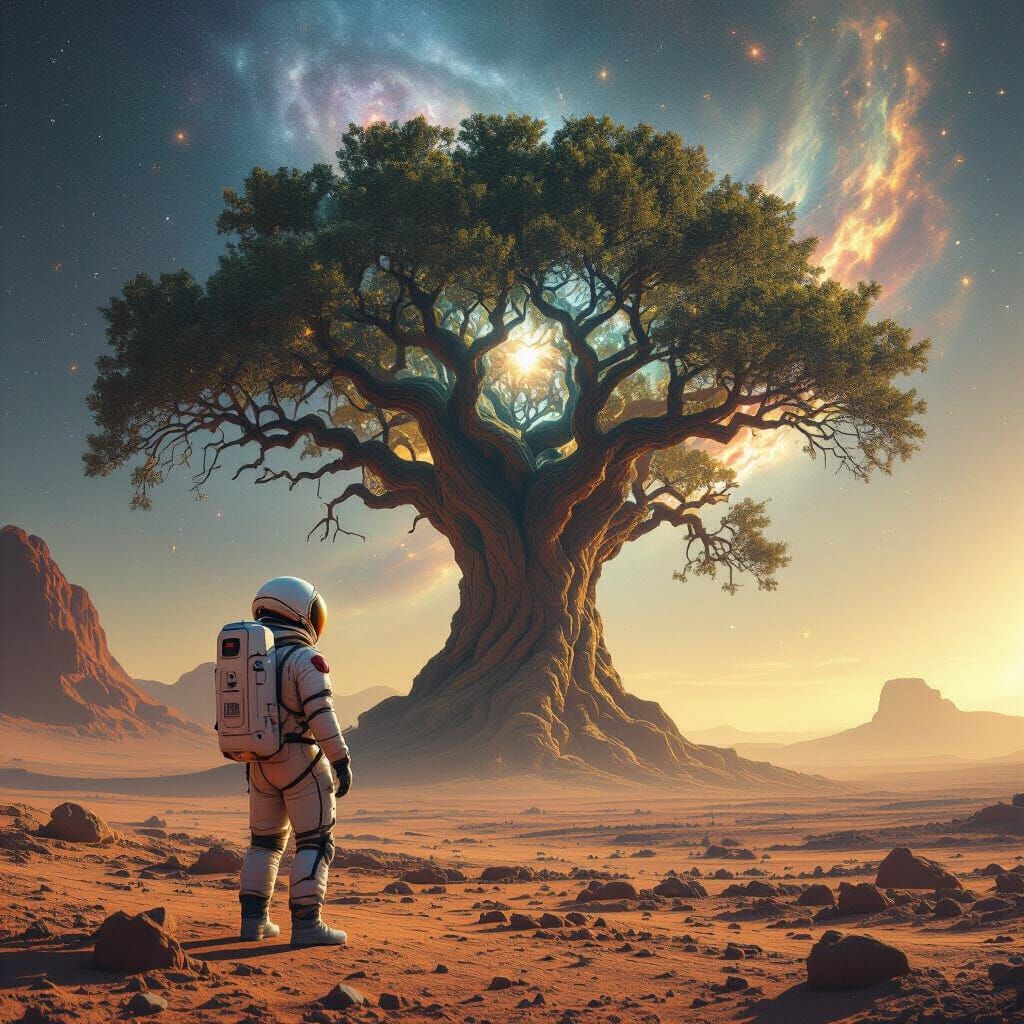 Astronaut Gazes at Ethereal Alien Oak Tree