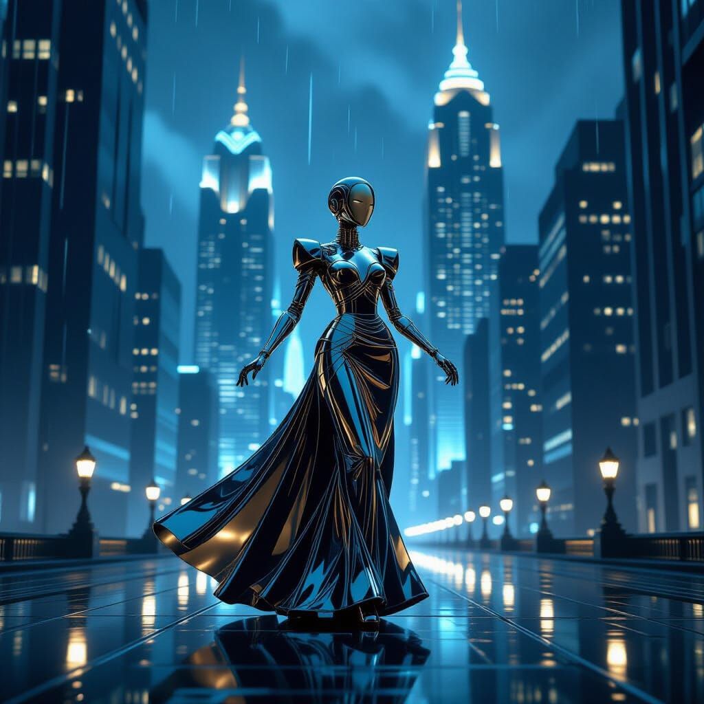 Elegant Automaton in Rainy Art Deco Cityscape