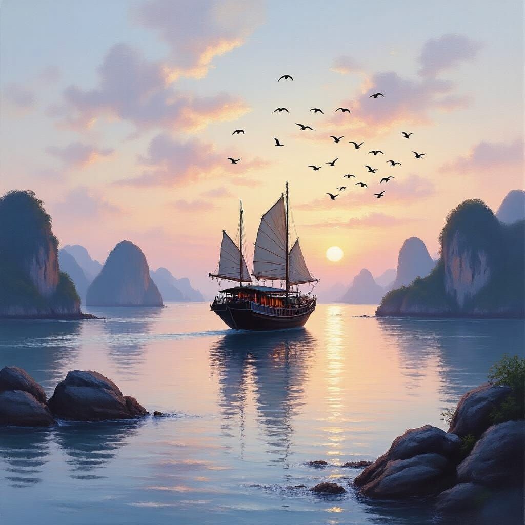 Ha Long Bay at Dawn: Romantic Oil Painting