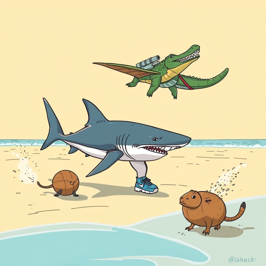 Shark Walks Beach Sand Beside Capybara in Vibrant Fantastica...