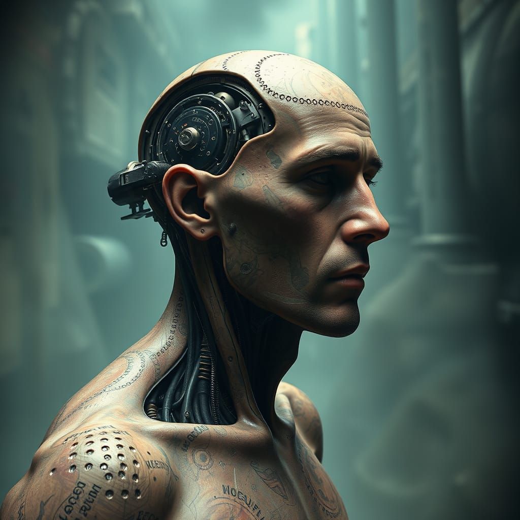 Surreal Biomechanical Man in Dreamlike Setting