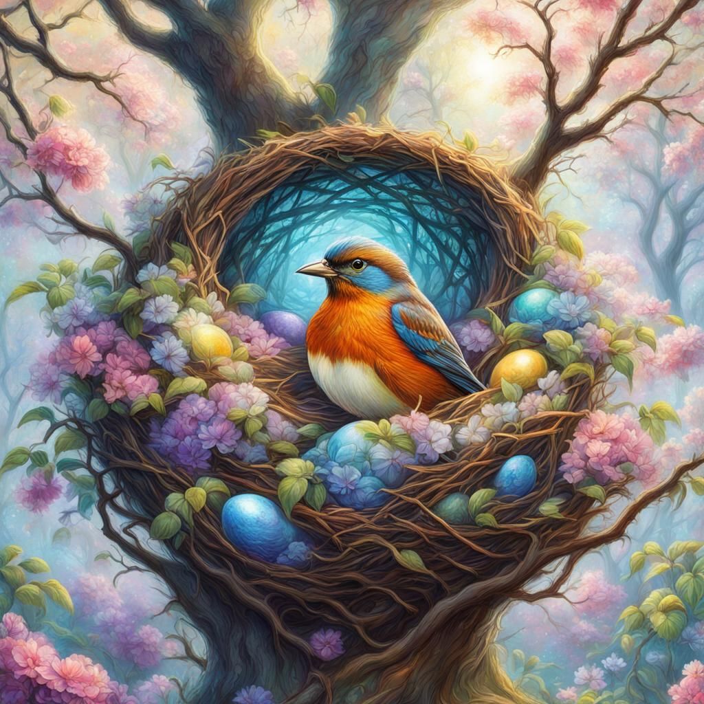 Colorful Bird in Nest: Spring Blossom Fantasy