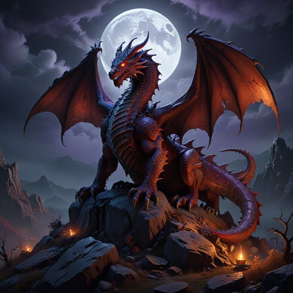 Majestic Red Dragon on Halloween Hill Under Full Moon