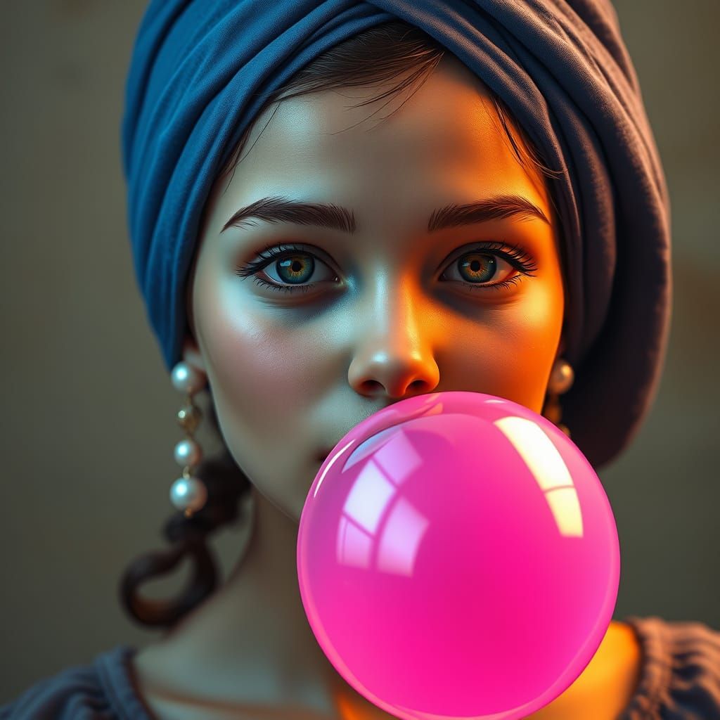 Girl with Pearl Earring in Whimsical Pink Bubblegum Moment