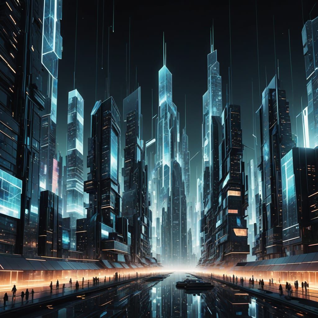 Surreal Digital City Built from Floating Code and Holograms